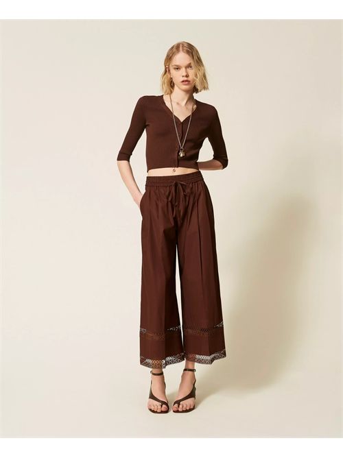 Pantaloni ampi in popeline con ricamo